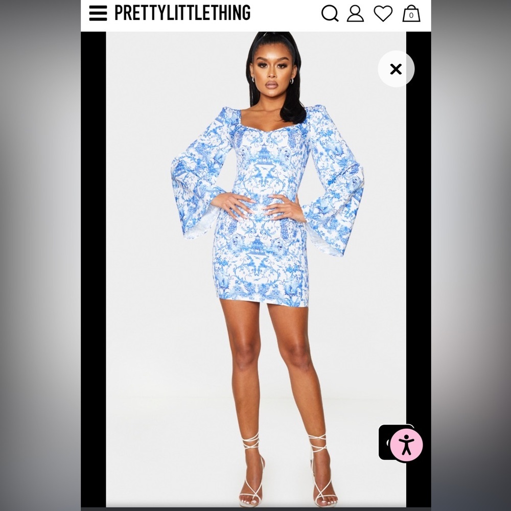 NWT Blue Porcelain Print Satin Lace Up Back Bodycon Dress